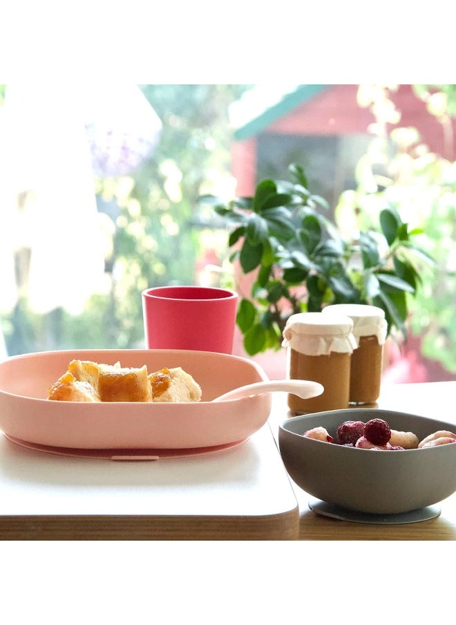 Béaba Silicone 4-Piece Dishware - 100% Silicone Baby Plate Set, Baby Bowls - Includes Baby Plate, Baby Bowl, Baby Cup, 2nd Stage Silicone Spoon, (Rose)