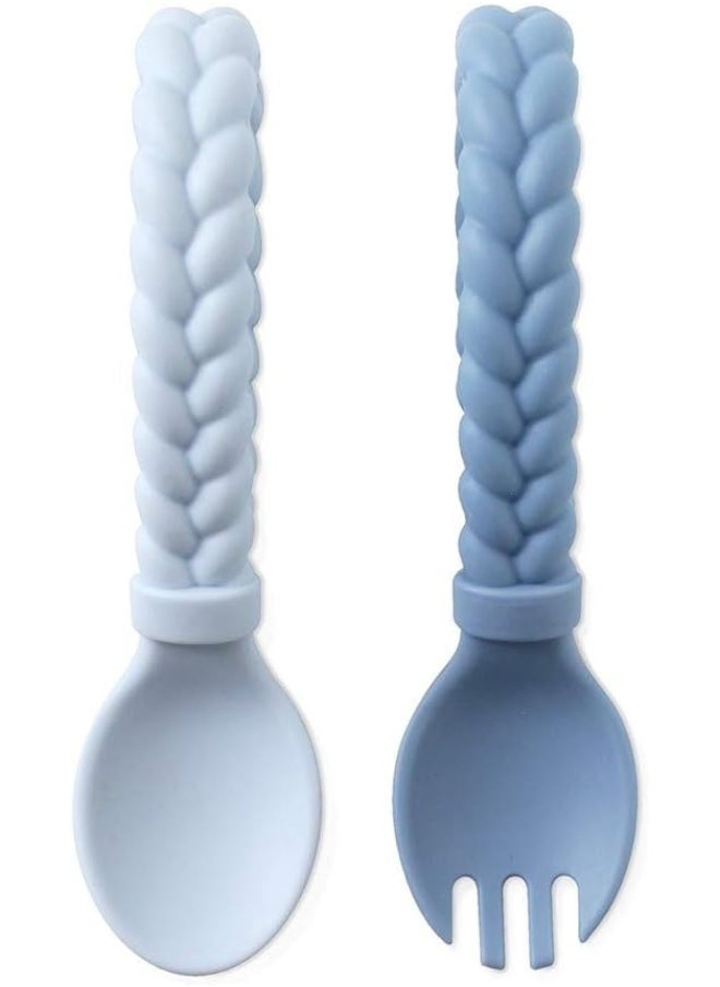 Itzy Ritzy Silicone Spoon & Fork Set; Baby Utensils Featuring a Baby Fork and Spoon with Looped, Braided Handles - Made of 100% Food Grade Silicone & BPA-Free - Ages 6 Months and Up (Blue)