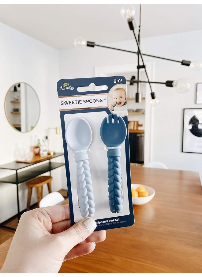 Itzy Ritzy Silicone Spoon & Fork Set; Baby Utensils Featuring a Baby Fork and Spoon with Looped, Braided Handles - Made of 100% Food Grade Silicone & BPA-Free - Ages 6 Months and Up (Blue)