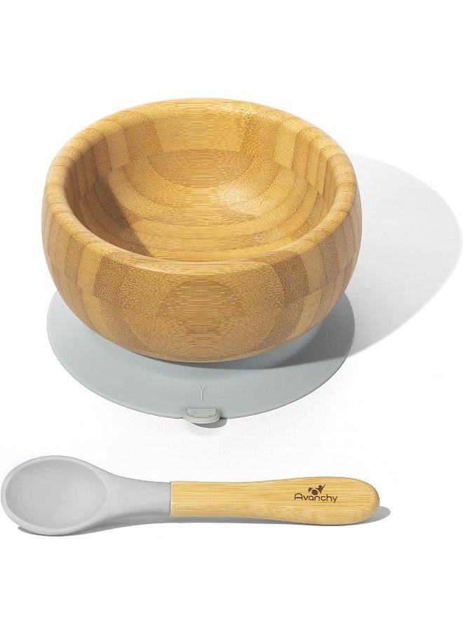 Avanchy Bamboo Baby Bowl & Spoon - Baby Cutlery - Bamboo Kids Bowl - BPA Free Bowl - Bamboo Kids Utensils - Bamboo Baby Bowl and Spoons Set, Gray - 5