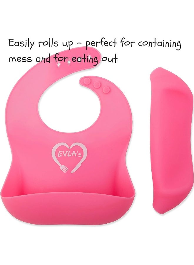 EVLA'S Baby Feeding Set Silicone Bib Plates Bowls Spoons Divided Plate Suction Bowl & Soft Spoon Aids Self Feeding Adjustable Bib Toddler/Babies One Size Bright Pink & Purple