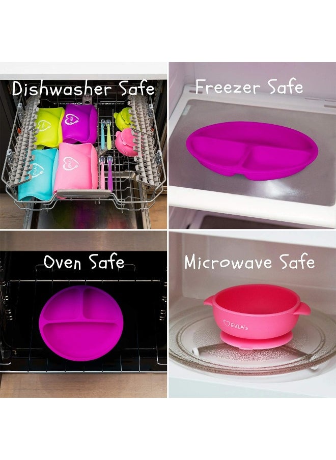 EVLA'S Baby Feeding Set Silicone Bib Plates Bowls Spoons Divided Plate Suction Bowl & Soft Spoon Aids Self Feeding Adjustable Bib Toddler/Babies One Size Bright Pink & Purple