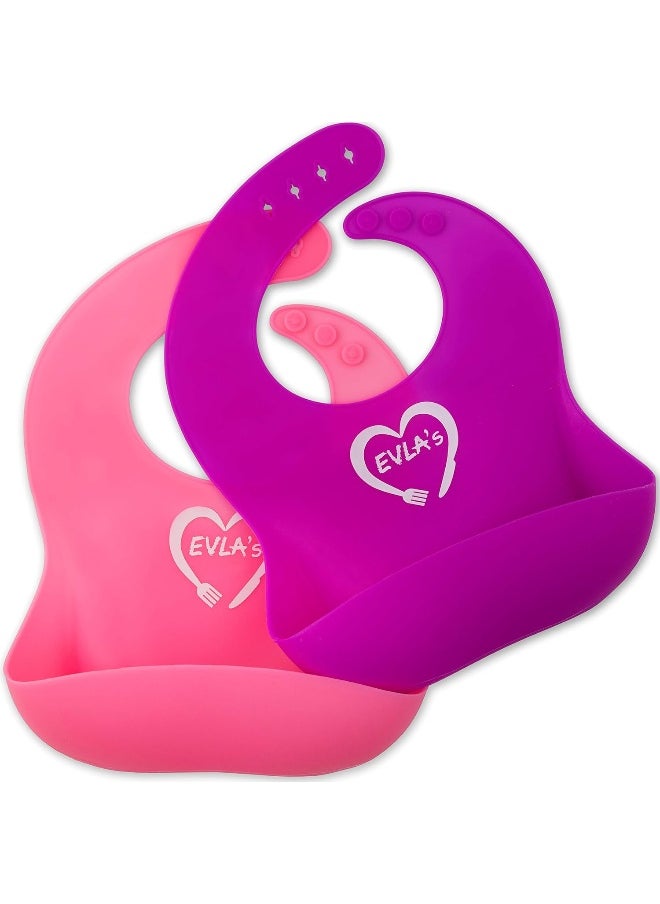 EVLA'S Baby Feeding Set Silicone Bib Plates Bowls Spoons Divided Plate Suction Bowl & Soft Spoon Aids Self Feeding Adjustable Bib Toddler/Babies One Size Bright Pink & Purple