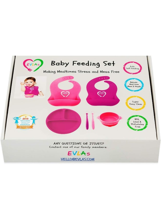 EVLA'S Baby Feeding Set Silicone Bib Plates Bowls Spoons Divided Plate Suction Bowl & Soft Spoon Aids Self Feeding Adjustable Bib Toddler/Babies One Size Bright Pink & Purple