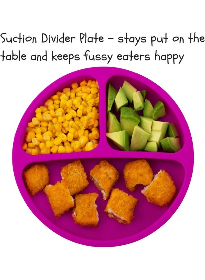 EVLA'S Baby Feeding Set Silicone Bib Plates Bowls Spoons Divided Plate Suction Bowl & Soft Spoon Aids Self Feeding Adjustable Bib Toddler/Babies One Size Bright Pink & Purple