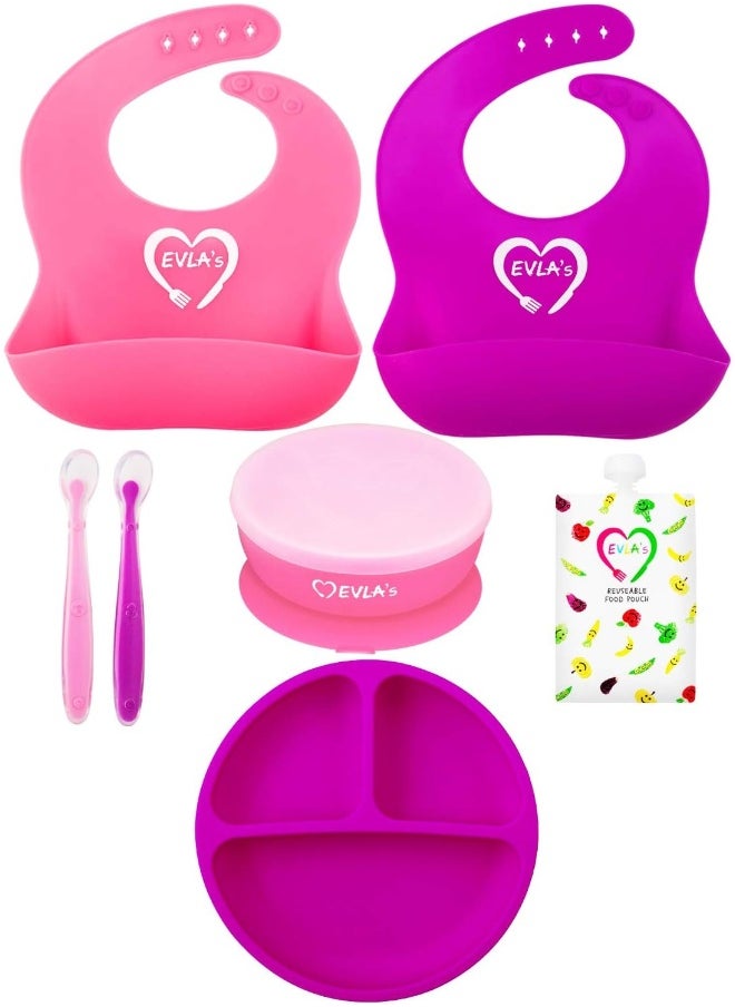 EVLA'S Baby Feeding Set Silicone Bib Plates Bowls Spoons Divided Plate Suction Bowl & Soft Spoon Aids Self Feeding Adjustable Bib Toddler/Babies One Size Bright Pink & Purple