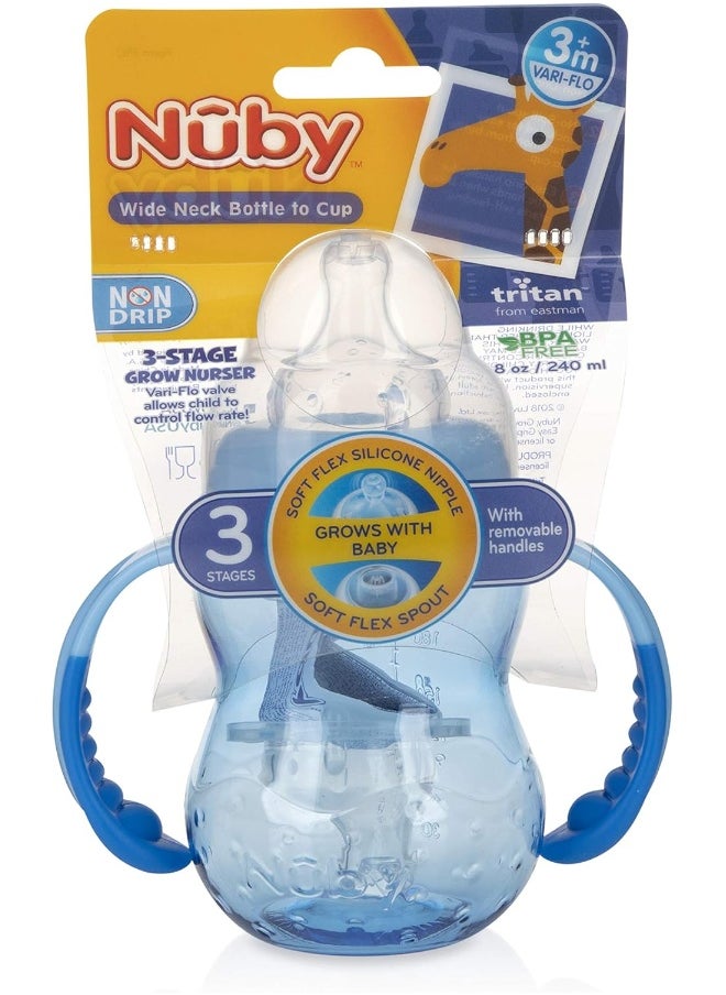 Nuby 3 in 1 Baby Bottle to Training Sippy Cup - 8 Oz Toddler Cups Spill Proof with Soft Spout, & Removable Grip Handles