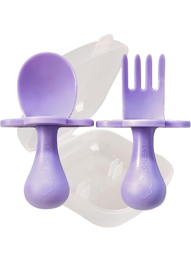 Grabease Baby and Toddler Self-Feeding Utensils – Spoon and Fork Set for Baby-Led Weaning – Made of Non-Toxic Plastic – Featuring Protective Barriers to Prevent Choking and Gagging