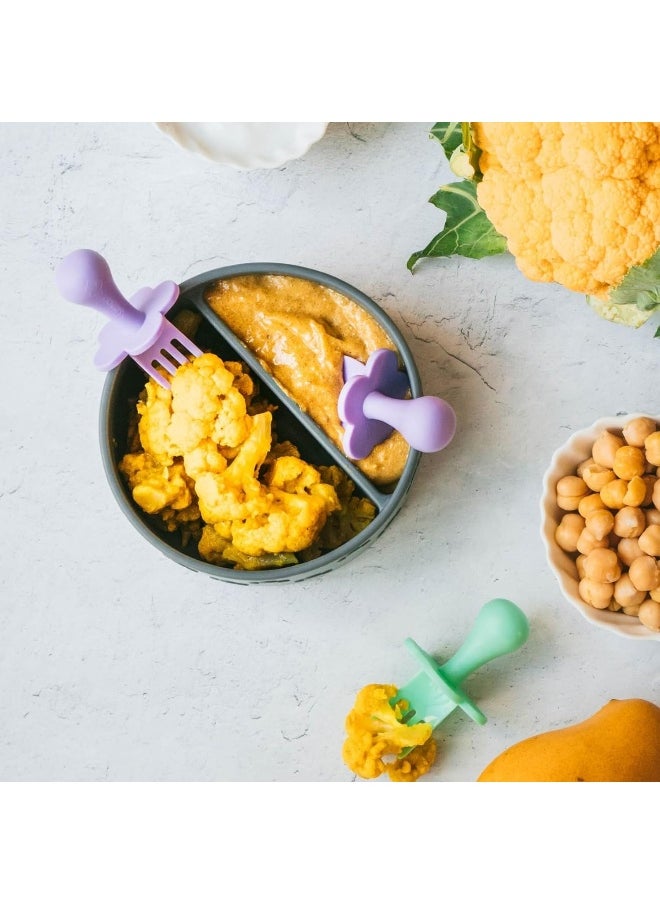 Grabease Baby and Toddler Self-Feeding Utensils – Spoon and Fork Set for Baby-Led Weaning – Made of Non-Toxic Plastic – Featuring Protective Barriers to Prevent Choking and Gagging