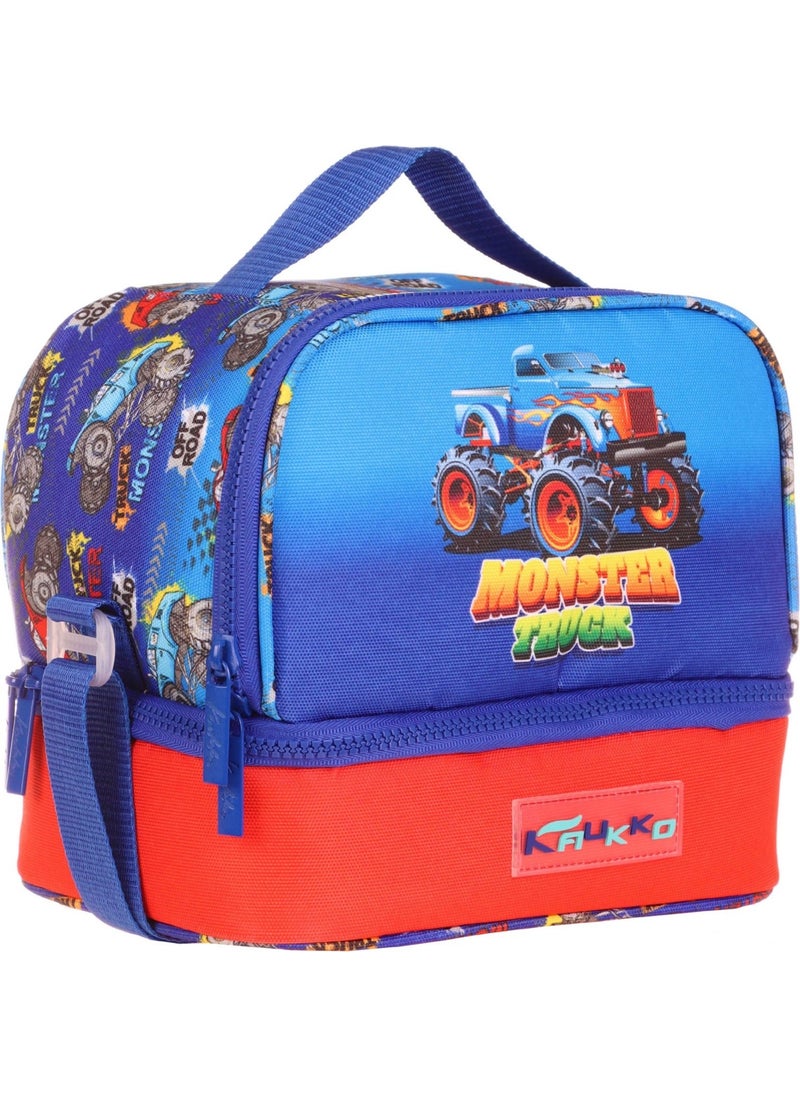 Kids Double Compartment Thermal Insulated Boy Blue Red Truck Lunch Bag