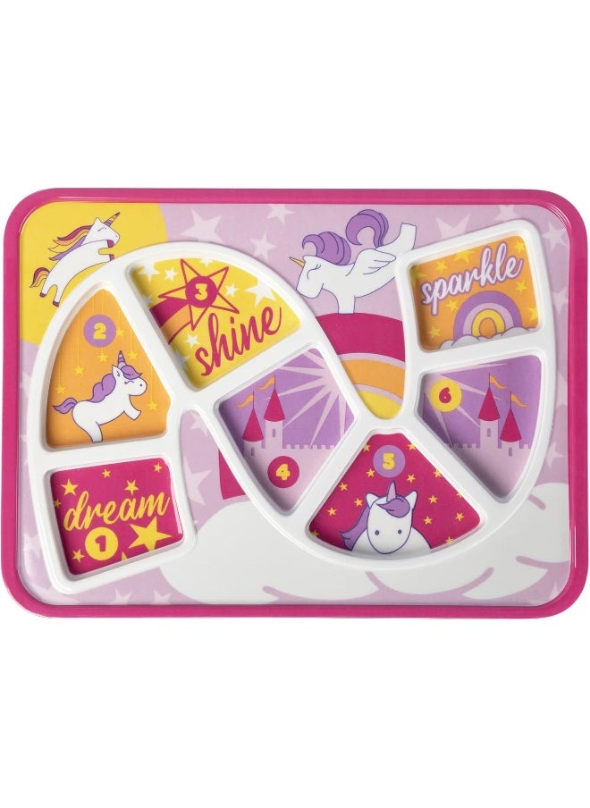 GSM Brands Kids Dinner Plate for Picky Eating Toddlers: Healthy Constructive Fun Meal Time, Divided Portions, Rainbow Unicorn Themed