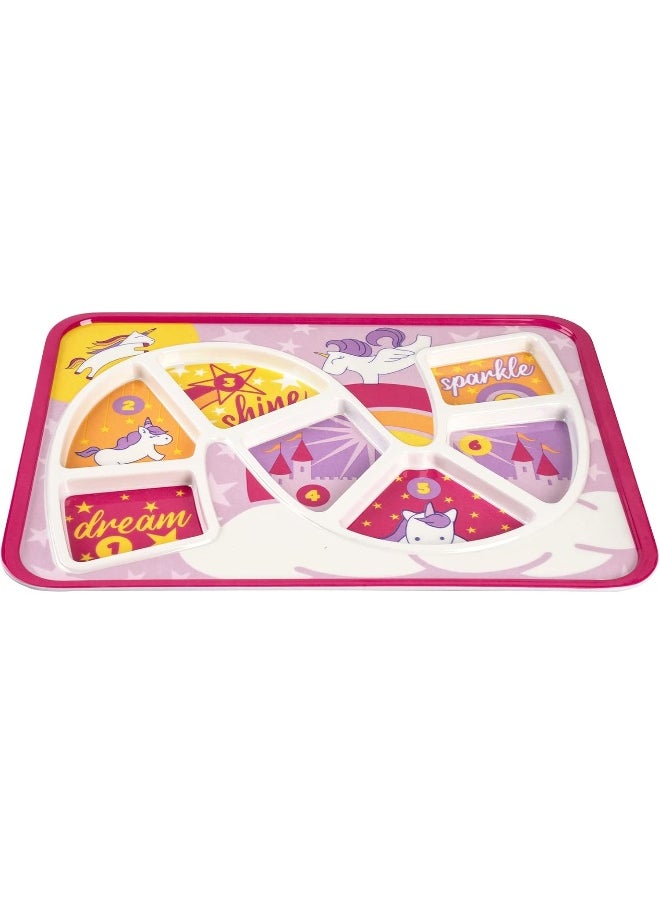 GSM Brands Kids Dinner Plate for Picky Eating Toddlers: Healthy Constructive Fun Meal Time, Divided Portions, Rainbow Unicorn Themed