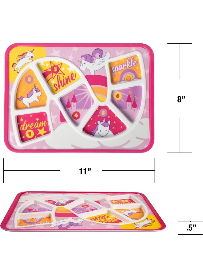 GSM Brands Kids Dinner Plate for Picky Eating Toddlers: Healthy Constructive Fun Meal Time, Divided Portions, Rainbow Unicorn Themed