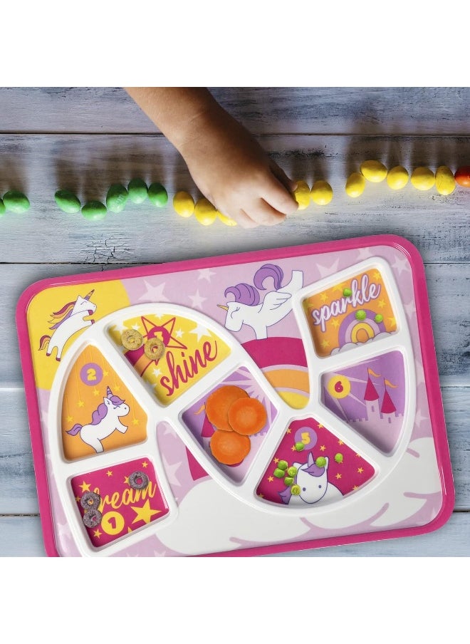 GSM Brands Kids Dinner Plate for Picky Eating Toddlers: Healthy Constructive Fun Meal Time, Divided Portions, Rainbow Unicorn Themed