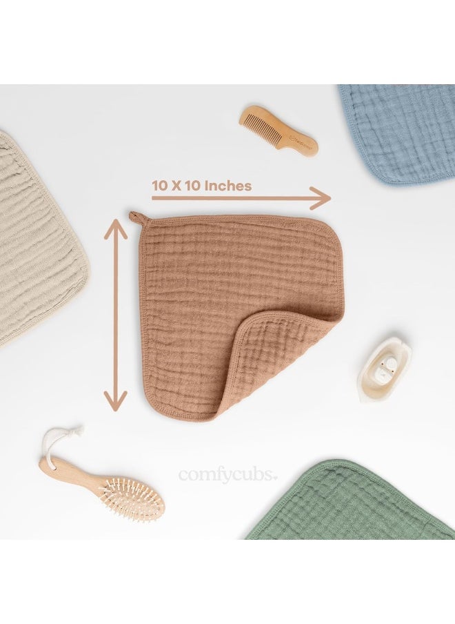 Baby Washcloths, Muslin Cotton Baby Towels, Large 10”x10” Wash Cloths Soft on Sensitive Skin, Absorbent for Boys & Girls, Newborn Baby & Toddlers Essentials Shower Registry Gift (Caramel, Pack of 10)
