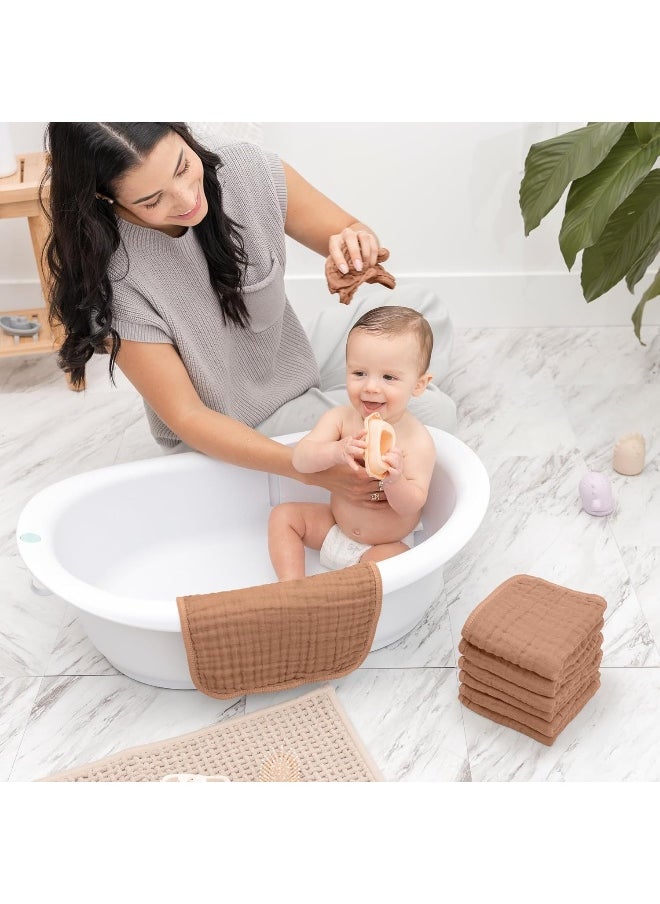 Baby Washcloths, Muslin Cotton Baby Towels, Large 10”x10” Wash Cloths Soft on Sensitive Skin, Absorbent for Boys & Girls, Newborn Baby & Toddlers Essentials Shower Registry Gift (Caramel, Pack of 10)