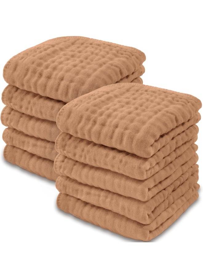 Baby Washcloths, Muslin Cotton Baby Towels, Large 10”x10” Wash Cloths Soft on Sensitive Skin, Absorbent for Boys & Girls, Newborn Baby & Toddlers Essentials Shower Registry Gift (Caramel, Pack of 10)