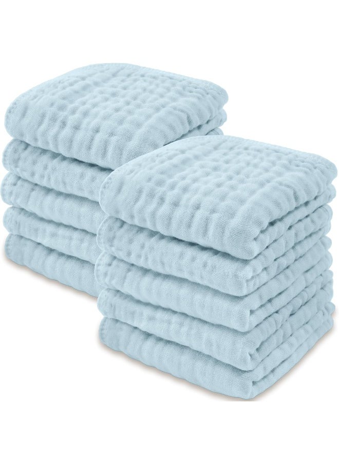 Baby Washcloths, Muslin Cotton Baby Towels, Large 10”x10” Wash Cloths Soft on Sensitive Skin, Absorbent for Boys & Girls, Newborn Baby & Toddlers Essentials Shower Registry Gift (Sky Blue, Pack Of 10)