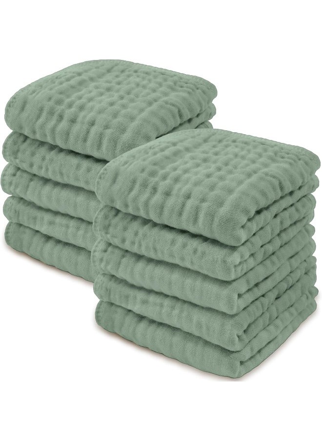 Baby Washcloths, Muslin Cotton Baby Towels, Large 10”x10” Wash Cloths Soft on Sensitive Skin, Absorbent for Boys & Girls, Newborn Baby & Toddlers Essentials Shower Registry Gift (Fern, Pack of 10)