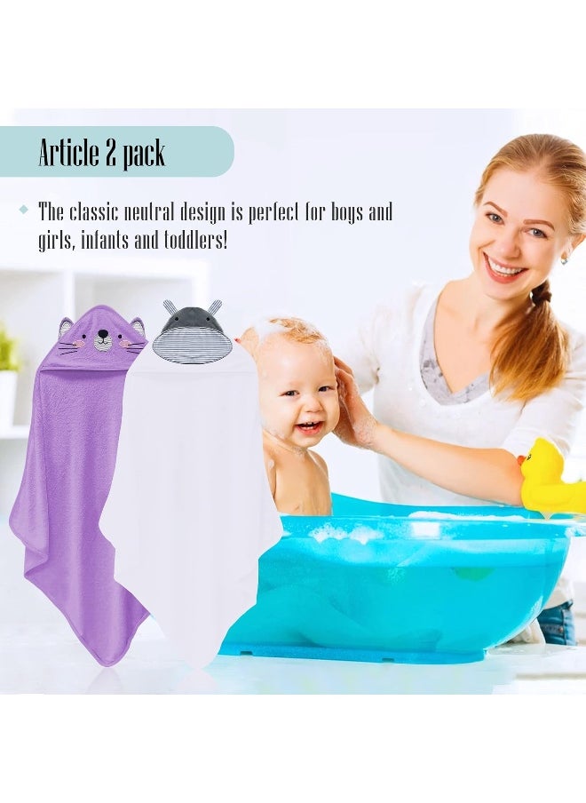 Cute Castle 2 Pack Hooded Baby Towel Rayon Made from Bamboo with 8 Washcloths - Soft Bath Towel for Bathtub for Babie, Newborn, Infant, Natural Baby Stuff Towel (Hippo and Cat)