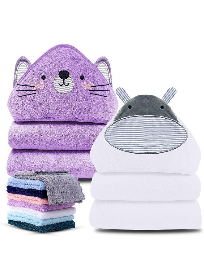 Cute Castle 2 Pack Hooded Baby Towel Rayon Made from Bamboo with 8 Washcloths - Soft Bath Towel for Bathtub for Babie, Newborn, Infant, Natural Baby Stuff Towel (Hippo and Cat)