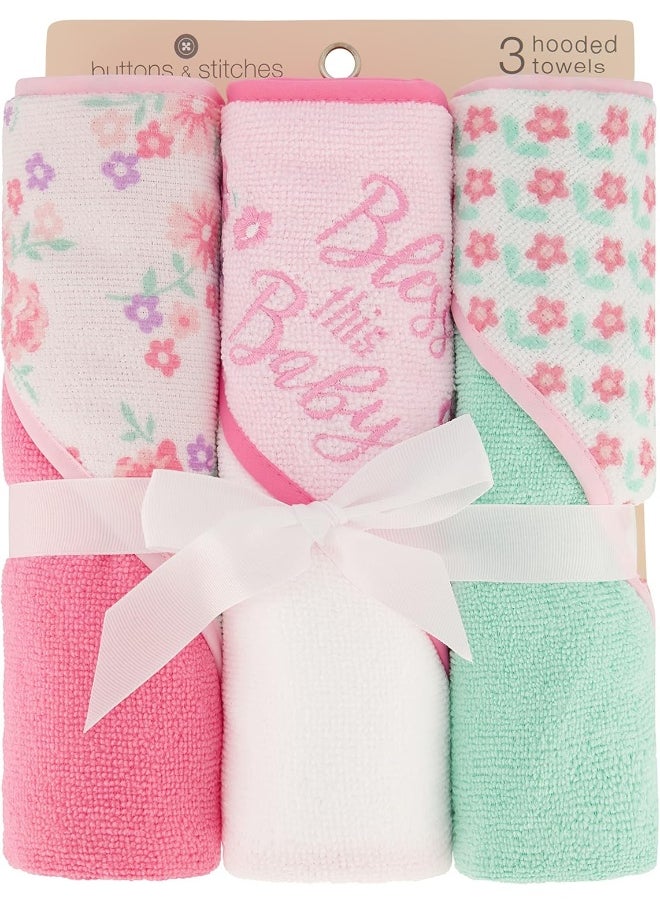 Cudlie Buttons & Stitches Baby Girl 3 Pack Rolled/Carded Hooded Towels In Bless This Baby Print