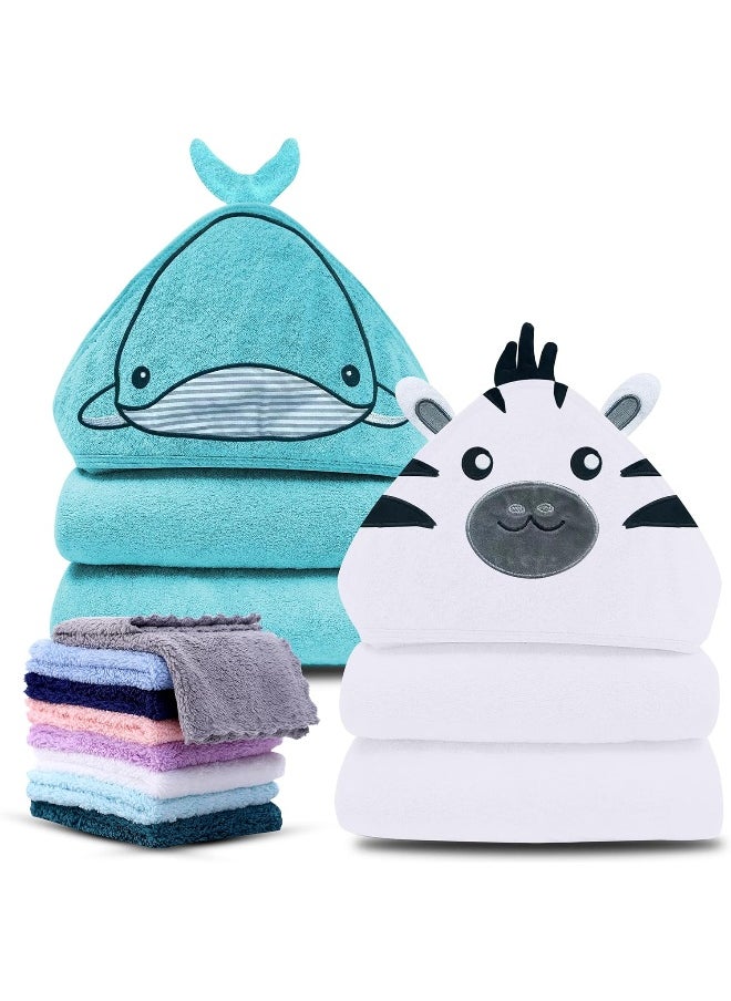 Cute Castle 2 Pack Hooded Baby Towel Rayon Made from Bamboo with 8 Washcloths - Soft Bath Towel for Bathtub for Babie, Newborn, Infant, Natural Baby Stuff Towel (Zebra and Whale)
