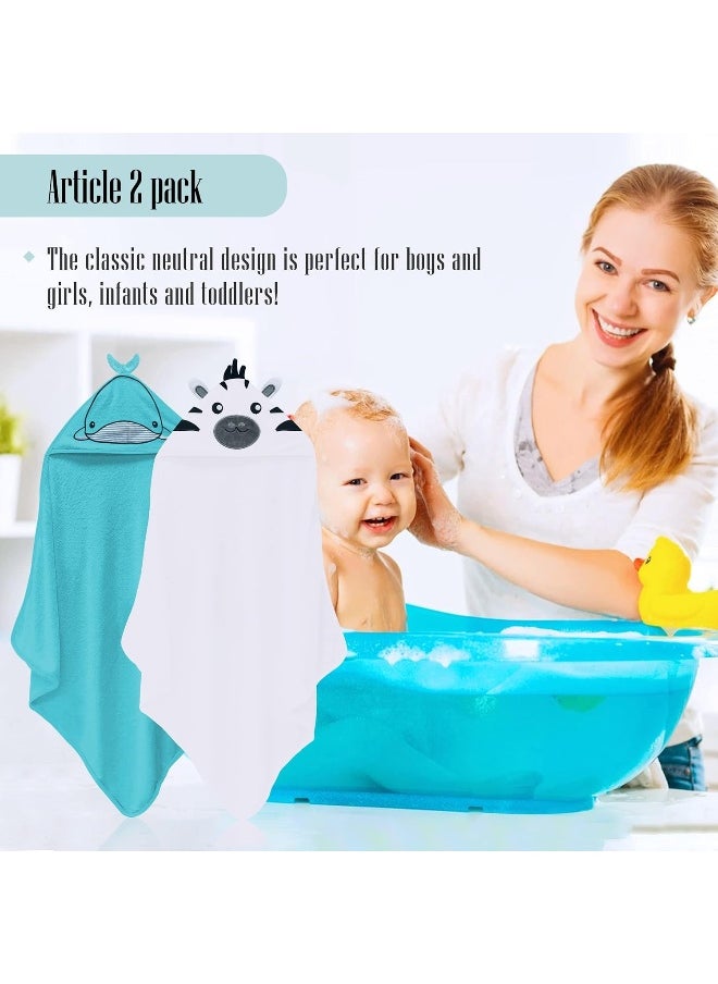 Cute Castle 2 Pack Hooded Baby Towel Rayon Made from Bamboo with 8 Washcloths - Soft Bath Towel for Bathtub for Babie, Newborn, Infant, Natural Baby Stuff Towel (Zebra and Whale)