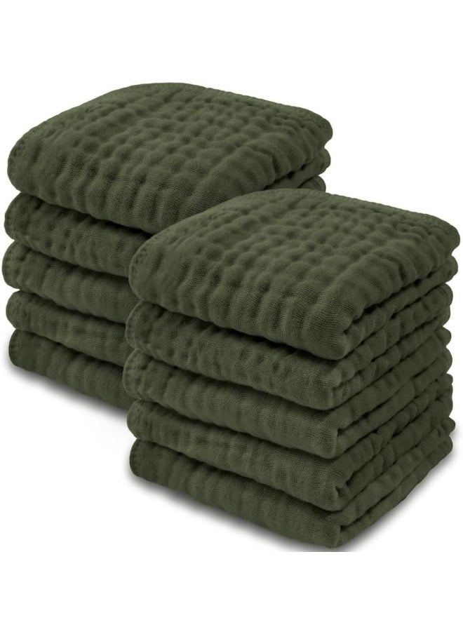 Baby Washcloths, Muslin Cotton Baby Towels, Large 10”x10” Wash Cloths Soft on Sensitive Skin, Absorbent for Boys & Girls, Newborn Baby & Toddlers Essentials Shower Registry Gift (Kelp, Pack of 10)