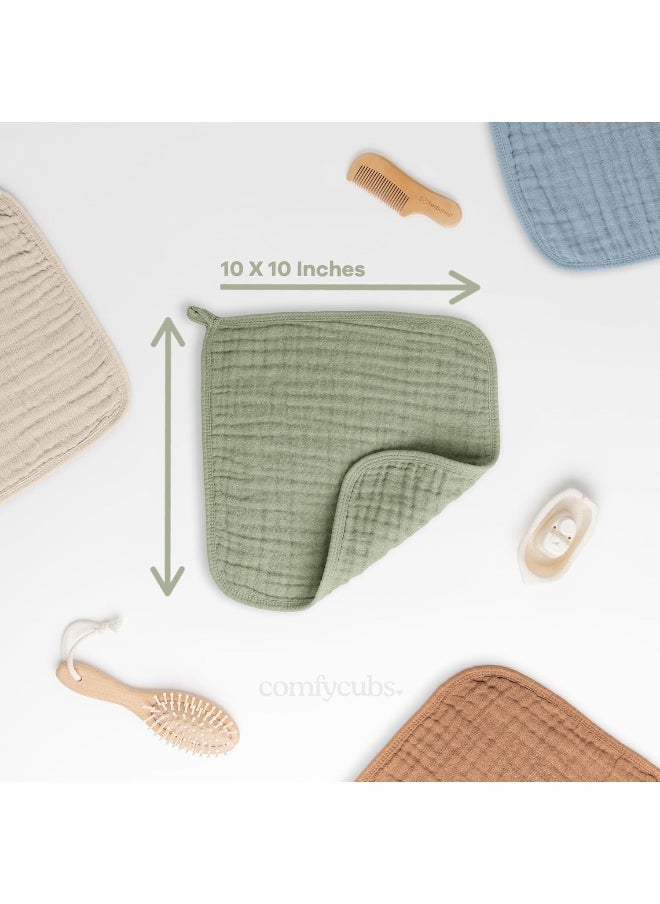 Baby Washcloths, Muslin Cotton Baby Towels, Large 10”x10” Wash Cloths Soft on Sensitive Skin, Absorbent for Boys & Girls, Newborn Baby & Toddlers Essentials Shower Registry (Sage, Pack of 10)