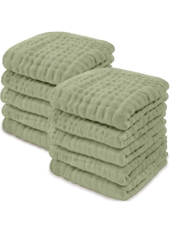 Baby Washcloths, Muslin Cotton Baby Towels, Large 10”x10” Wash Cloths Soft on Sensitive Skin, Absorbent for Boys & Girls, Newborn Baby & Toddlers Essentials Shower Registry (Sage, Pack of 10)