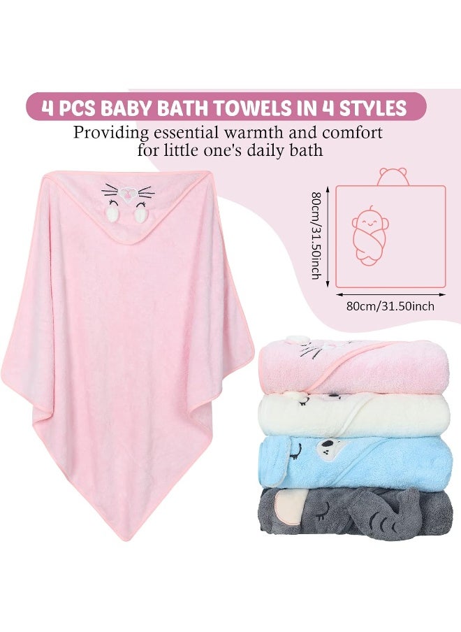 Eccliy 4 Pack Baby Bath Towel Cute Animal Face Coral Fleece Baby Bath Towels Poncho Cape for Boy and Girl (Kitten, Puppy, Bear, Elephant)