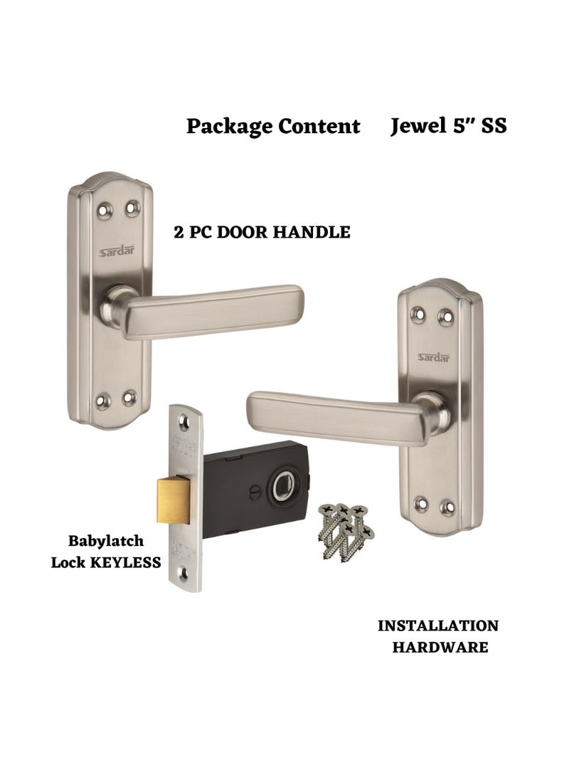 SARDAR Jewel 5 SS Black Silver Iron Baby Latch Bathroom Door Handle Mortise Door Handle with Baby Latch Keyless Handle Bathroom Tower Bolt for Bathroom Push to Close Latch with Baby Latch