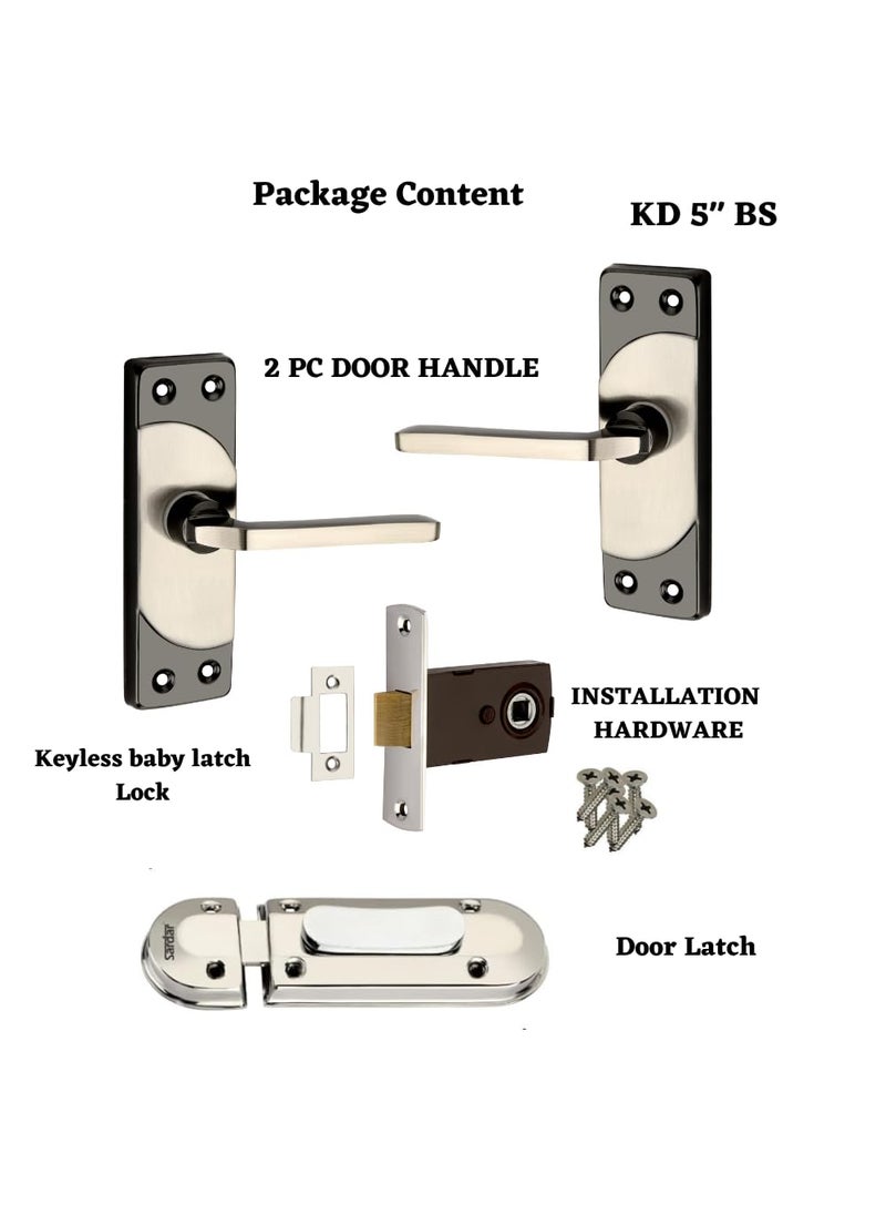 SARDAR KD 5 Black Silver Iron Baby Latch Bathroom Door Handle Mortise Handle with Baby Latch Keyless Handle Bathroom Tower Bolt for Bathroom Push to Close Latch with Door Latch