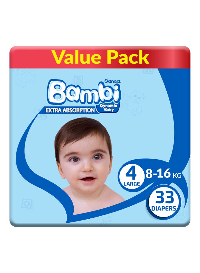 Size 4, Large, 8-16 Kg, Value Pack, 33 Diapers