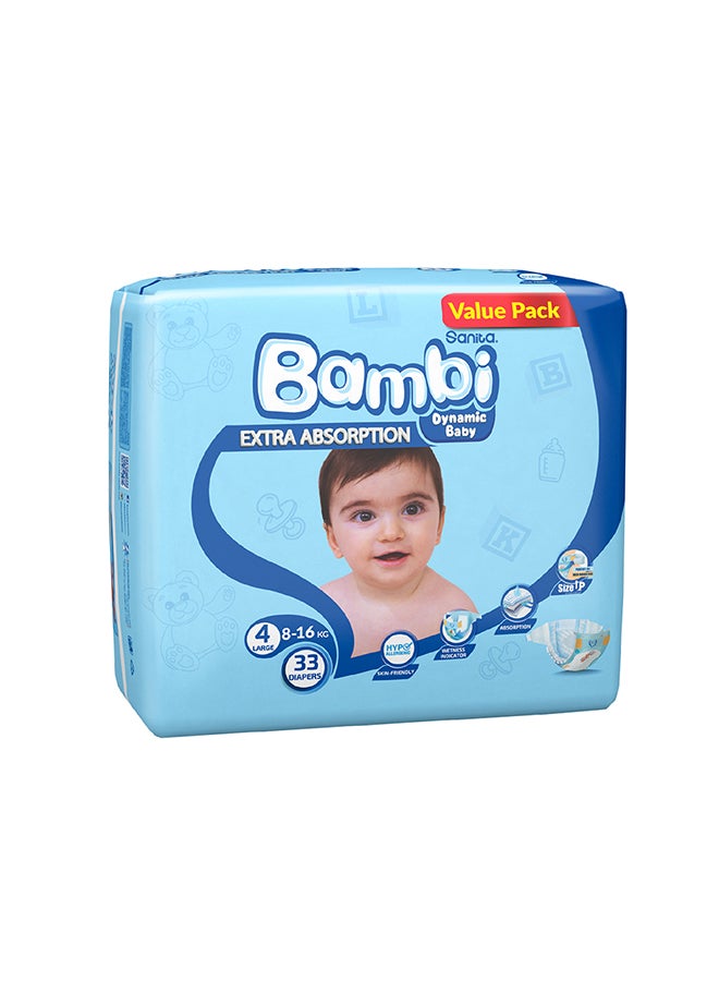 Size 4, Large, 8-16 Kg, Value Pack, 33 Diapers