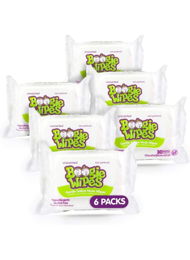 Boogie Wipes, Unscented Wet Wipes for Baby and Kids, Nose, Face, Hand, and Body, Soft and Sensitive Tissue Made with Natural Saline, Aloe, Chamomile and Vitamin E, 30 Count (Pack of 6)
