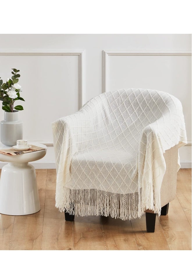 Cozy Knitted Decorative Blanket with Tassels for Sofa and Bed, Lightweight Diamond-Shaped Coverlet, Soft Nap Blanket in Beige (127x152cm) - Perfect for Home Decor.