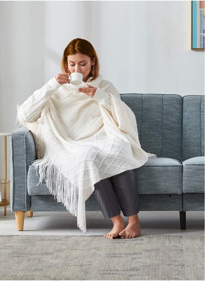 Cozy Knitted Decorative Blanket with Tassels for Sofa and Bed, Lightweight Diamond-Shaped Coverlet, Soft Nap Blanket in Beige (127x152cm) - Perfect for Home Decor.