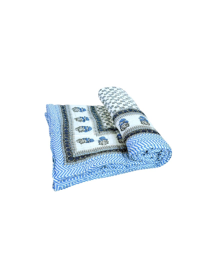 AARMOZY Cotton Soft Jaipuri Razai Traditional Print Single Bed AC Blanket Blue BOOTI85X55 INCHE