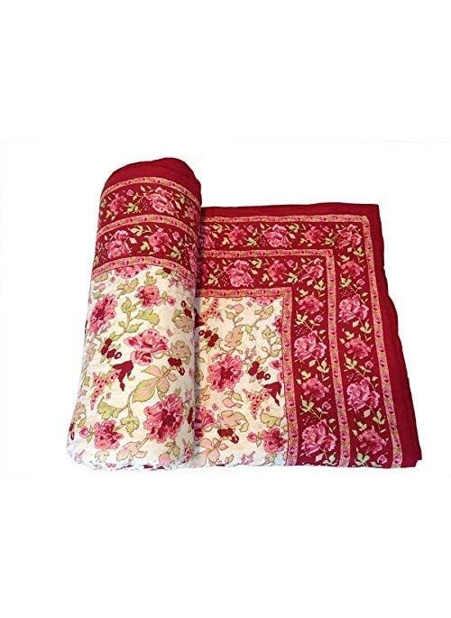AARMOZY Cotton Soft Jaipuri Razai Traditional Print Single Bed AC Blanket Pink Garden Flower 85X55 INCHE