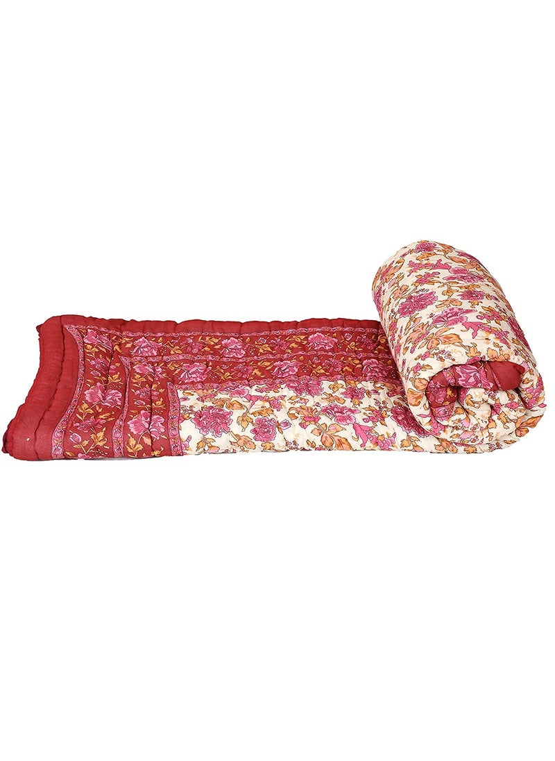 AARMOZY Cotton Soft Jaipuri Razai Traditional Print Single Bed AC Blanket Pink Garden Flower 85X55 INCHE