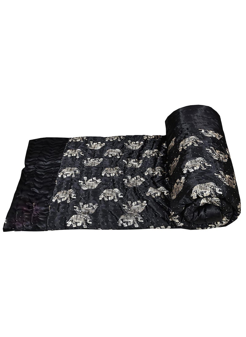 AARMOZY Cotton Soft Jaipuri Silk Razai Traditional Print Single Bed AC Blanket Black 85X55 INCHE