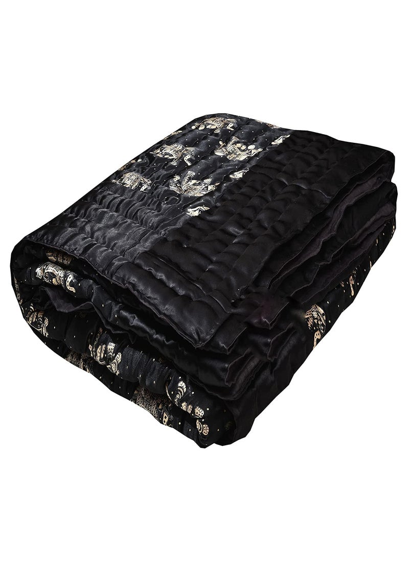 AARMOZY Cotton Soft Jaipuri Silk Razai Traditional Print Single Bed AC Blanket Black 85X55 INCHE