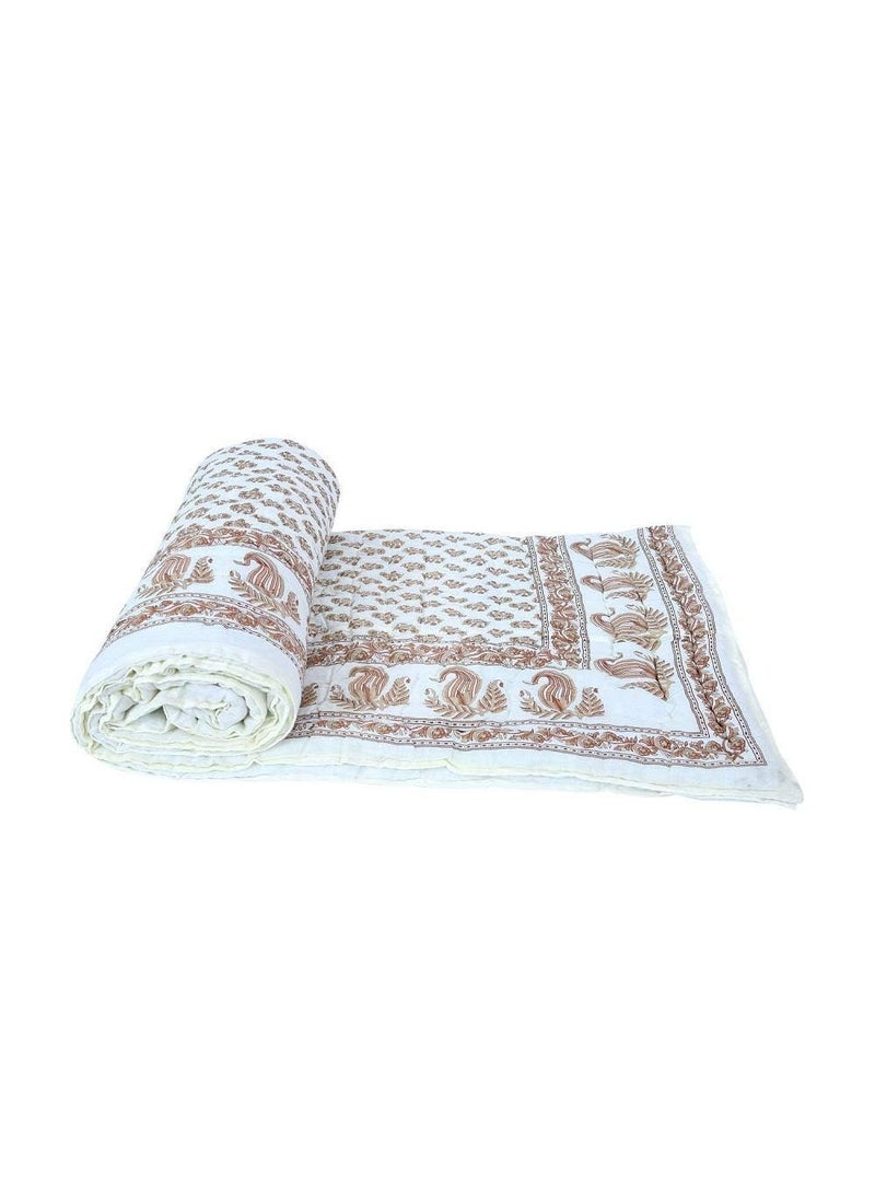 AARMOZY Cotton Soft Jaipuri Razai Traditional Print Single Bed AC Blanket Cream 85X55 INCHE