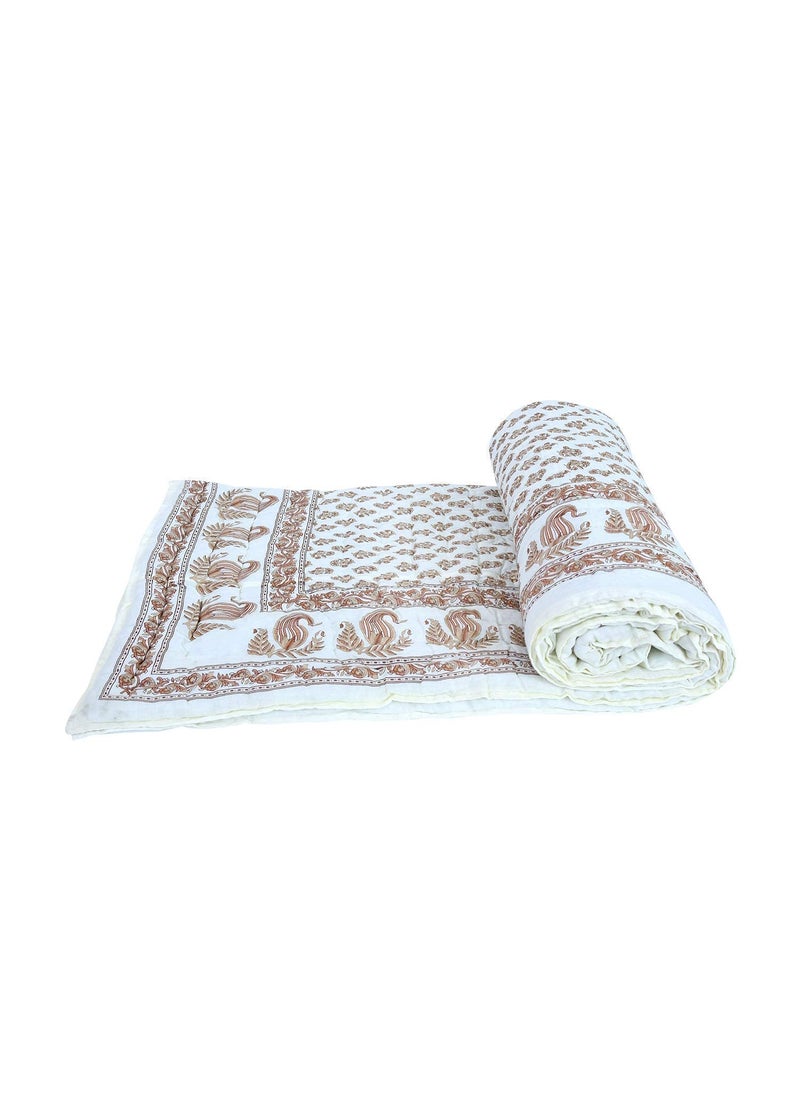 AARMOZY Cotton Soft Jaipuri Razai Traditional Print Single Bed AC Blanket Cream 85X55 INCHE