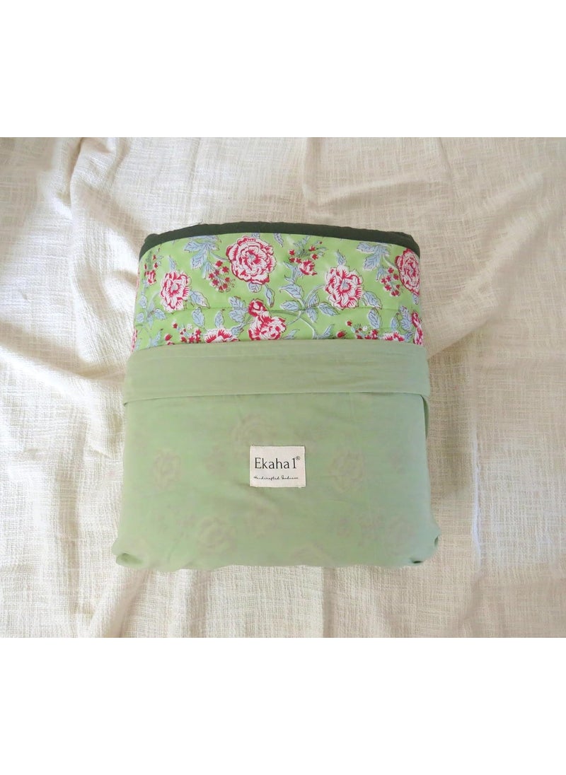 Ekaha1 Cotton Reversible AC Blanket Floral Jaipuri Quilt Soft Sleeping Cooling ComforterBreathable Summer Blanket Green