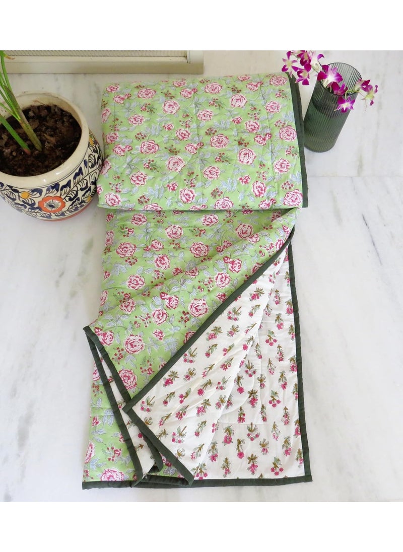Ekaha1 Cotton Reversible AC Blanket Floral Jaipuri Quilt Soft Sleeping Cooling ComforterBreathable Summer Blanket Green