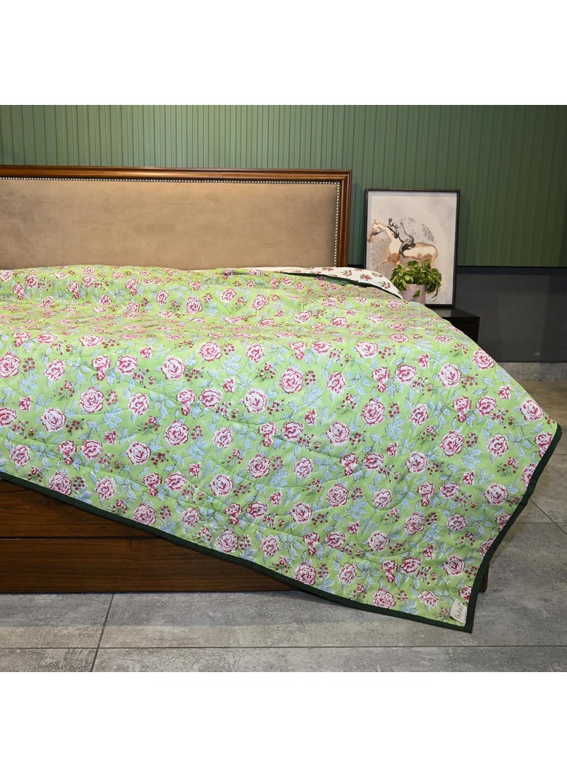 Ekaha1 Cotton Reversible AC Blanket Floral Jaipuri Quilt Soft Sleeping Cooling ComforterBreathable Summer Blanket Green