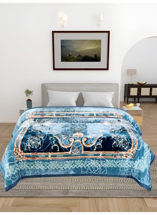 WINSTON HOME Blue Navy Blue Printed Microfiber Heavy Winter 600 GSM Double Bed Blanket